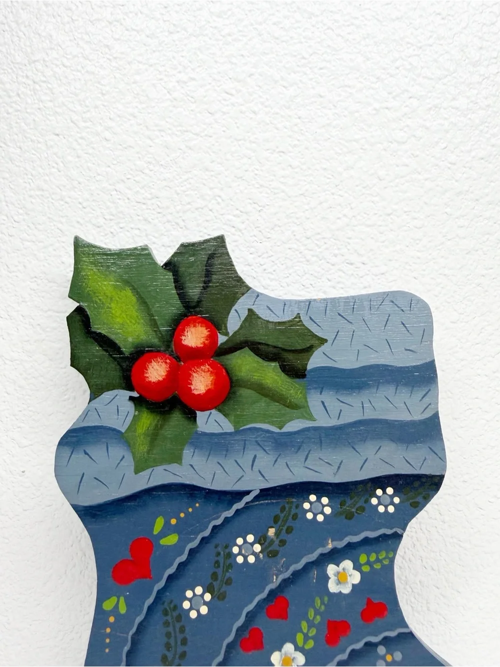 Vintage Hand Painted Wood Christmas Floral Stocking